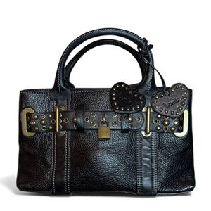 NWOT Luella Luxurious Black Pebbled Leather Bag w/ Brass Details Lock Key Studs